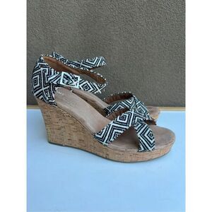 Toms Womens Size 9 Black White Canvas Cork Wedge Sandals Open Toe Ankle Strap